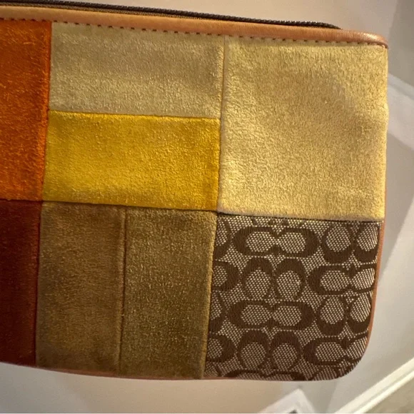 VINTAGE Coach Patchwork Suede Wristlet in Brown, Orange & Gold - Picture 9 of 15